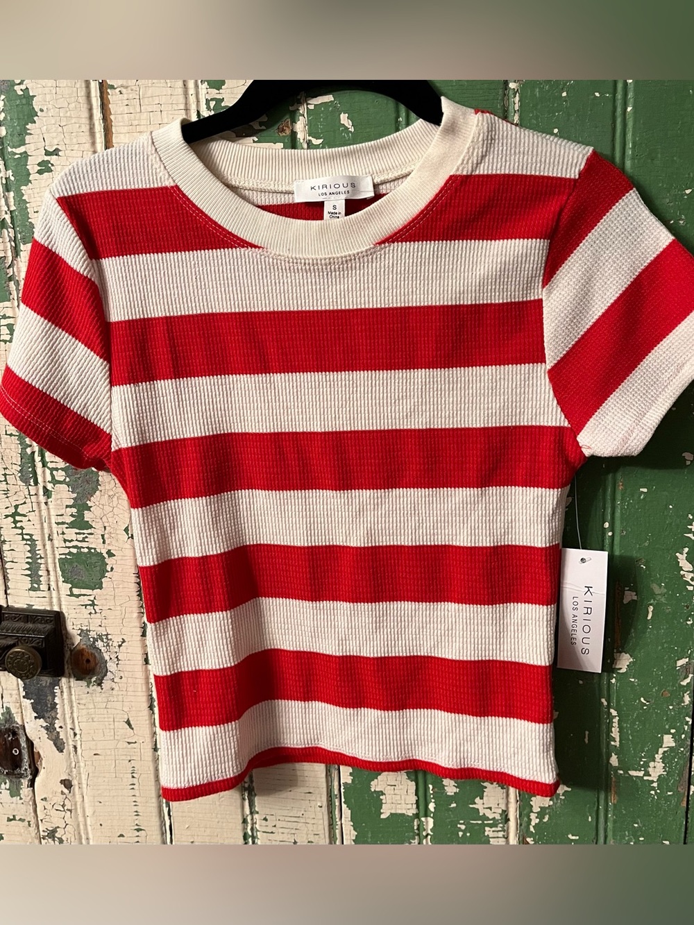 Kirious Red & White Striped Short Sleeve Ribbed Tee size small